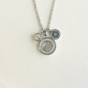 Michael Kors Crystal Logo Triple Charm Silver Necklace NEW